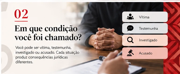 Vítima, testemunha, investigado e acusado como diferentes condições possíveis em uma intimação criminal.