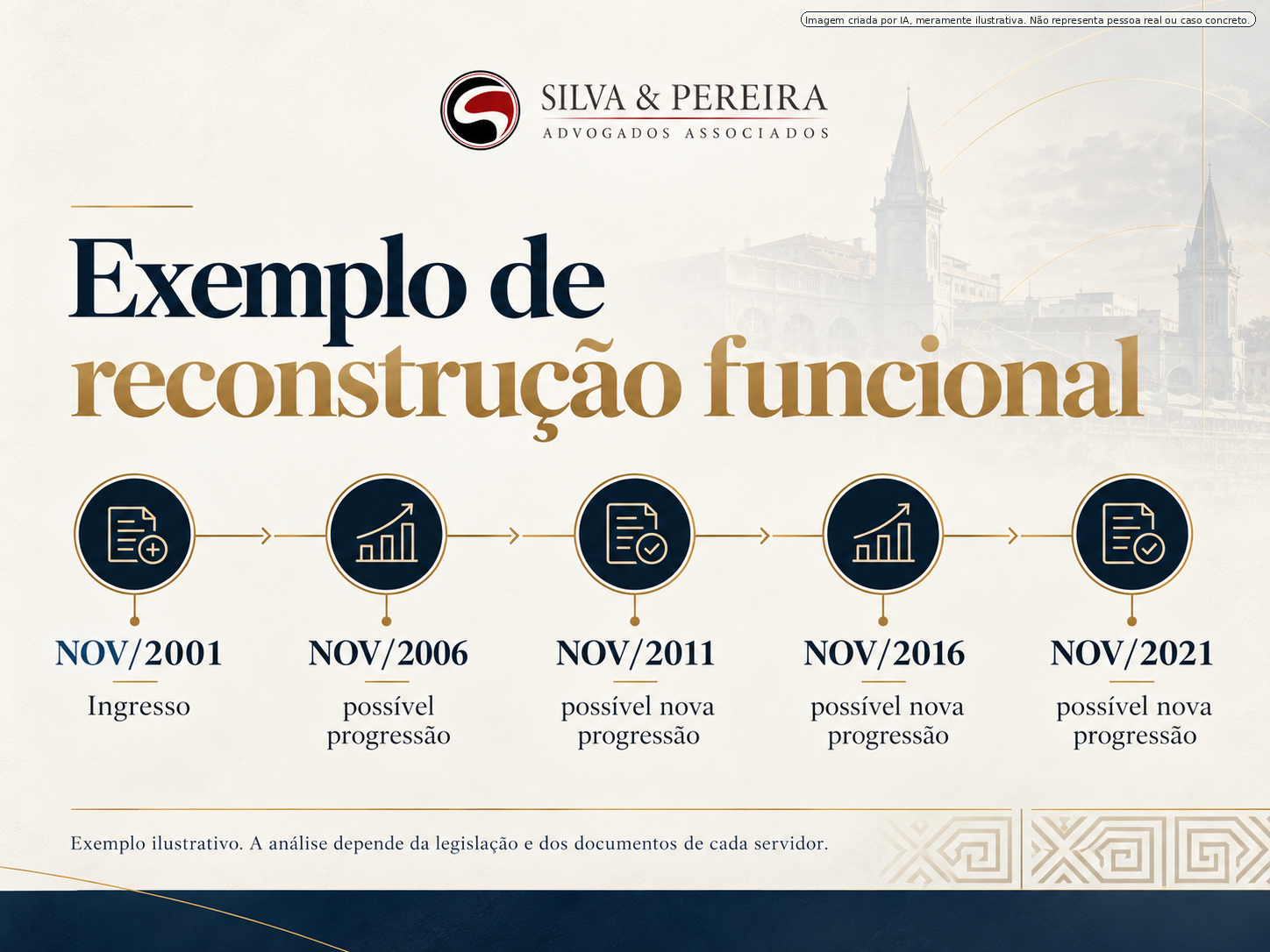Linha do tempo ilustrativa de reconstrução funcional com marcos quinquenais.